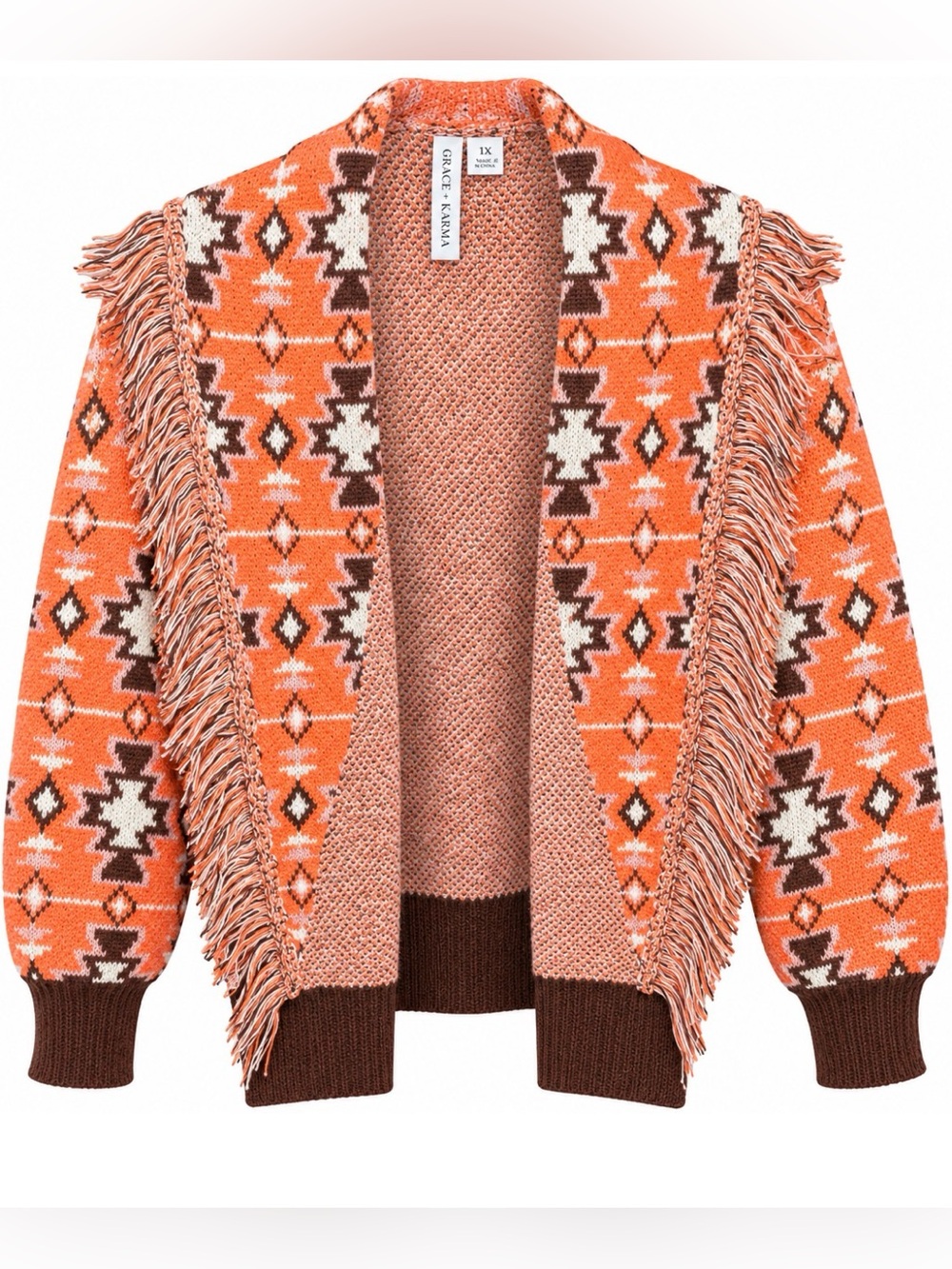Grace + Karma Women's Open-Front Fringe Southwest Cardigan Sweater Aztec NWT